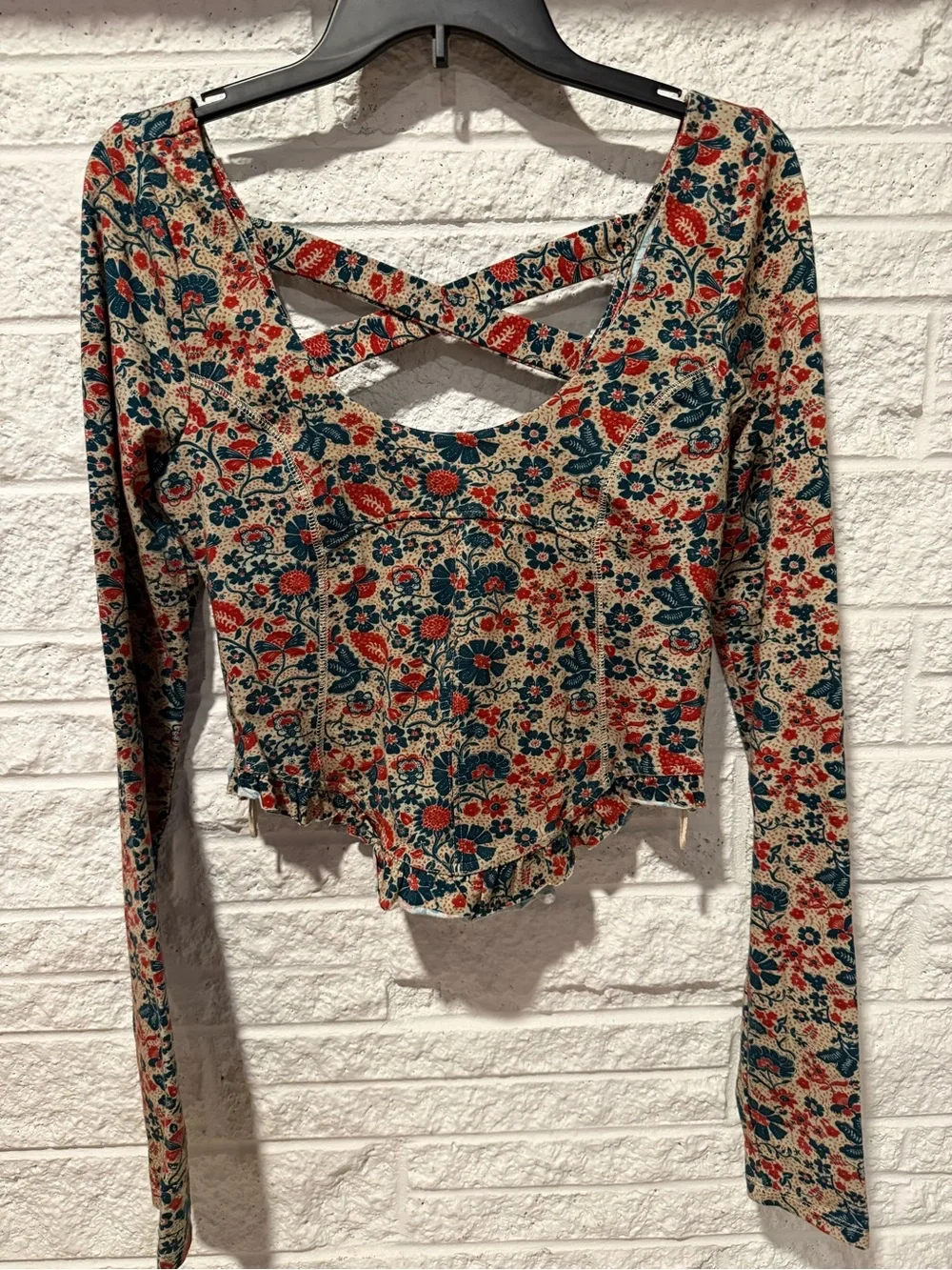 Free People Floral Long-Sleeve Scoop Crop Top in Beige, Rust & Navy